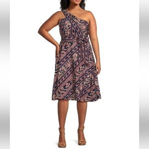 LAUREN RL Navy and rose print one shoulder midi dress size‎ 18.